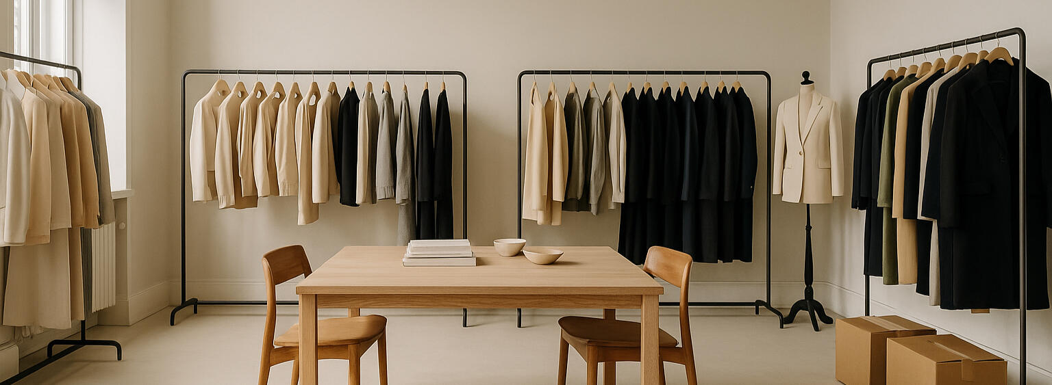 Maison Modati fashion wholesale showroom high-end High-end fashion wholesale showroom with luxury clothing racks – Maison Modati